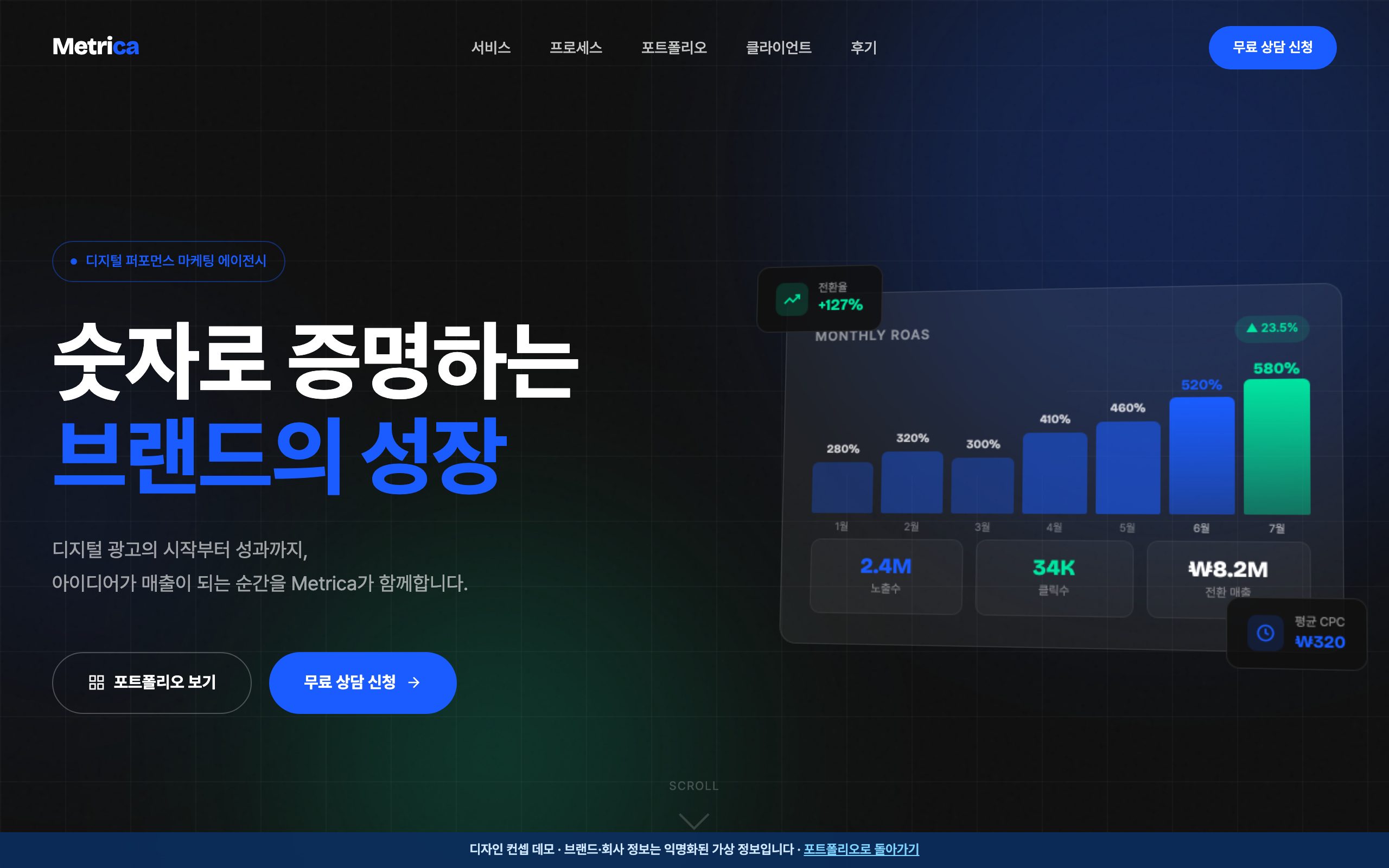 퍼포먼스 마케팅 에이전시 다크 대시보드 랜딩 디자인 컨셉